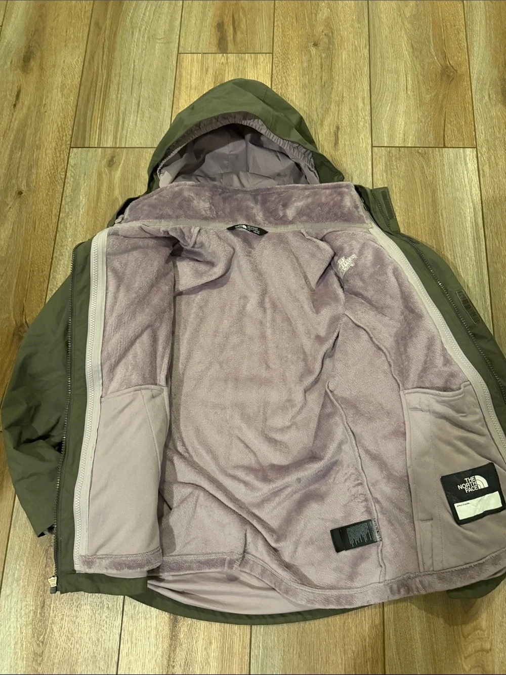 North Face Osolita Olive Green 3 in 1 Hooded Jacket with Lavender zip in Lining